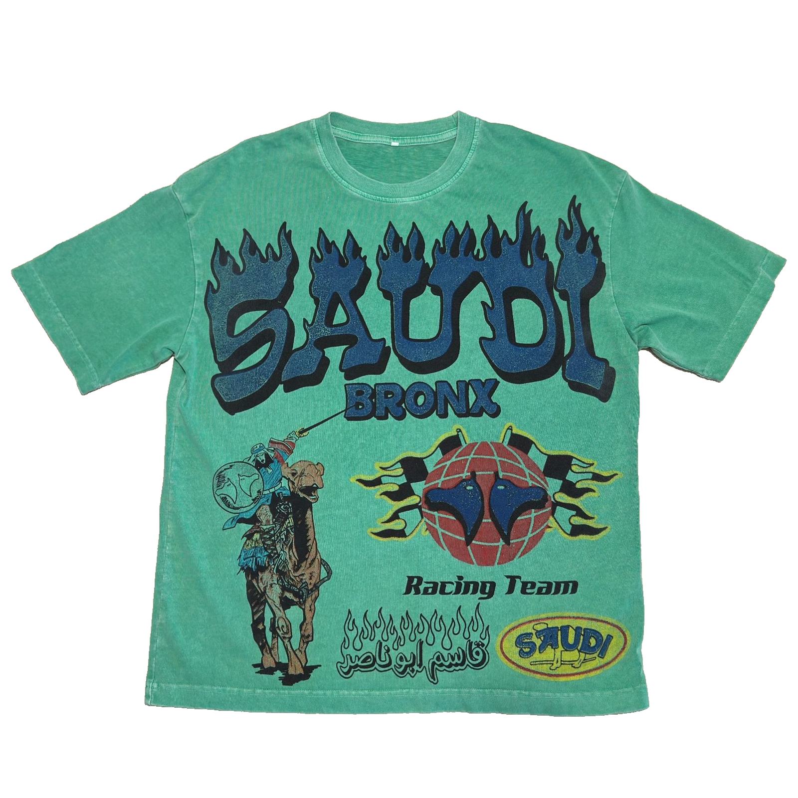 Saudi Bronx Camel Racing Team Tshirt Mens S Green Graphic Washed Bykiy Rare Aop
